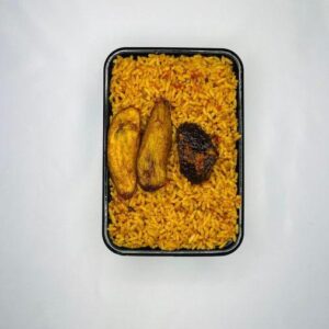 A plate of rice with beef