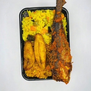 A plate of rice with croaker fish